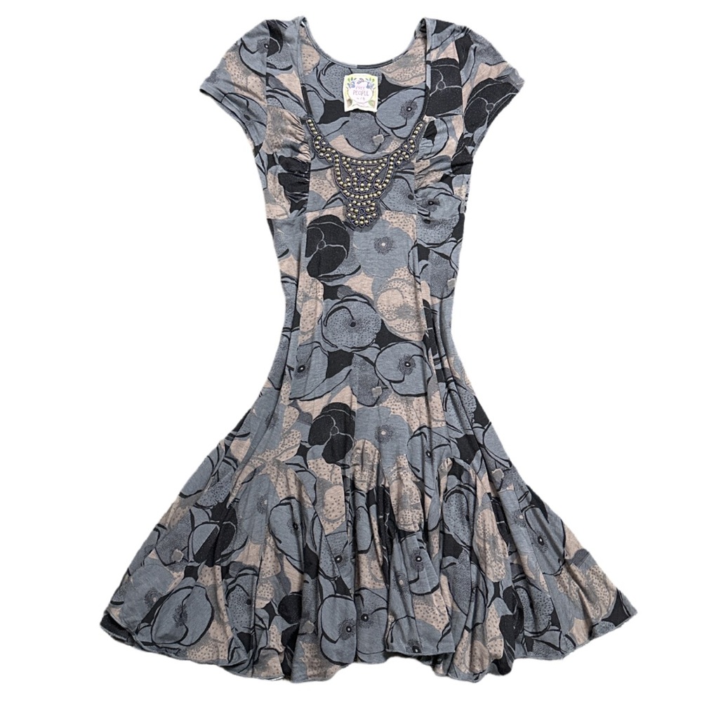 FREE PEOPLE women's short sleeve flowy floral beaded A-line dress, XS.